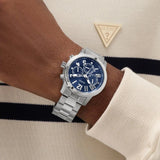 Guess Mens Analog Parker Stainless Steel Watch In Silver/Blue Dial
