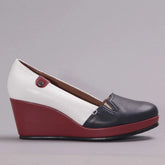 Froggie Ladies Closed Wedge Shoe In Red Blue And White