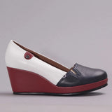 Froggie Ladies Closed Wedge Shoe In Red Blue And White