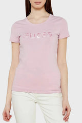 Guess Womens Sequins Logo T-Shirt In Pink
