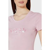 Guess Womens Sequins Logo T-Shirt In Pink