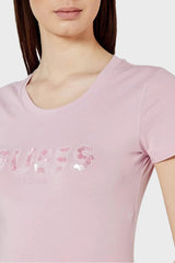 Guess Womens Sequins Logo T-Shirt In Pink