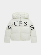 Guess Girls Hooded Long Sleeved Puffer Jacket In Cream