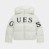 Guess Girls Hooded Long Sleeved Puffer Jacket In Cream