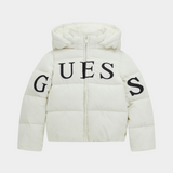 Guess Girls Hooded Long Sleeved Puffer Jacket In Cream