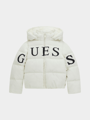 Guess Girls Hooded Long Sleeved Puffer Jacket In Cream