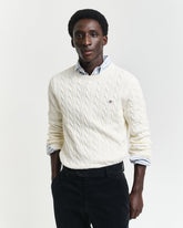 Gant Mens Cotton Cable Crew Sweater Top In Cream