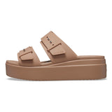 Crocs Womens Brooklyn Buckle Low Wedge Sandals In Latte