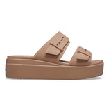 Crocs Womens Brooklyn Buckle Low Wedge Sandals In Latte
