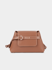 Elle Womens Belt Buckle Flapover Sling Bag In Tan
