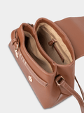 Elle Womens Belt Buckle Flapover Sling Bag In Tan