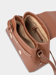 Elle Womens Belt Buckle Flapover Sling Bag In Tan