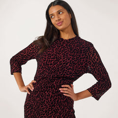 Izabel London Half Sleeve Mesh Animal Burn Dress In Maroon