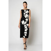 Rengin Womens Sleeveless Crepe Evening Dress with One-Sided 3D Floral In Black