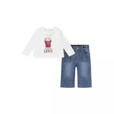 Levi's Girls 2 Piece Wide Denim Jeans And Long Sleeve T-shirt Set In White