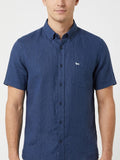 Harmont & Blaine Mens Straight Fit Pure Linen Short Sleeve Shirt In Dark Blue