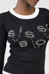 Sissy boy Ladies Long Sleeve Knit Top In Black & White