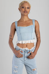 Sissyboy Womens Denim and Anglaise Corset In Light Blue