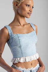 Sissyboy Womens Denim and Anglaise Corset In Light Blue
