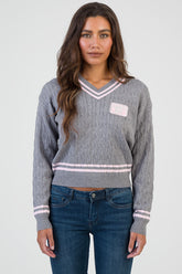 Sissy boy Womens V-Neck Cable Knit Jersey In Grey