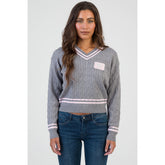 Sissy boy Womens V-Neck Cable Knit Jersey In Grey