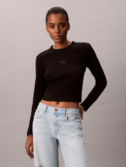 Calvin Klein Womens Monogram Long Sleeve Baby T-Shirt In Black