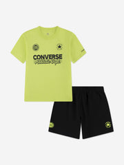 Converse Booys Multi Hit Gfx Short Set In Black And Lime Green