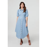 Izabel London Denim 1/2 Puff Sleeve Ruched Maxi Shirt Dress In Light Wash