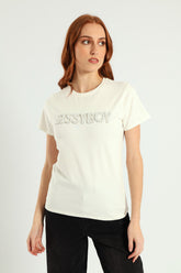 Sissyboy Womens Pearl & Bling Regular Fit T-Shirt In Off White