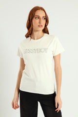 Sissyboy Womens Pearl & Bling Regular Fit T-Shirt In Off White