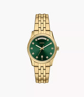 Fossil Ladies Scarlette Three-Hand Day-Date Gold-Tone Stainless Steel Watch In Green