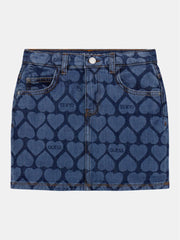 Guess Kids All Over Heart Denim Mini Skirt Mid Wash