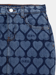 Guess Kids All Over Heart Denim Mini Skirt Mid Wash