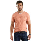 Guess Mens Short Sleeves Embossed T-Shirt In Hot Rose Sand