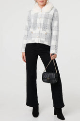 Stella Morgan Checked Faux Fur Trim Collar Jacket in White