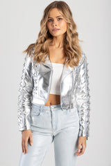 Sissyboy Womens Silver Metallic Lace Up Biker Jacket