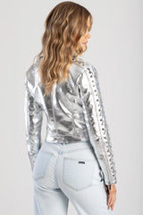 Sissyboy Womens Silver Metallic Lace Up Biker Jacket