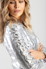 Sissyboy Womens Silver Metallic Lace Up Biker Jacket