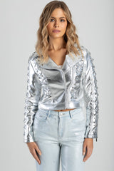 Sissyboy Womens Silver Metallic Lace Up Biker Jacket