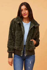Stella Morgan Womens Zip Through Faux Fur Jacket In Olive