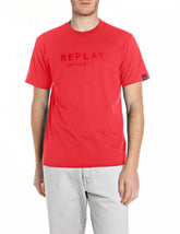 Replay Mens Crew Neck T-Shirt With Lettering Print In Red