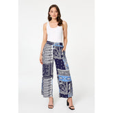 Izabel London Patchwork Print Wide Leg Trousers In Navy