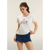 Freddy Womens Knitted Short Sleeves T-Shirt Floral Logo In White/Fuchsia