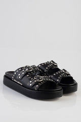 Sissy Boy Womens True Stud Double Strap Slides In Black