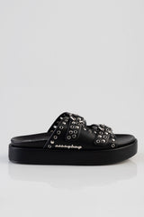 Sissy Boy Womens True Stud Double Strap Slides In Black