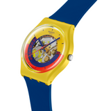 Swatch Timing Is Everything Unisex Watch In Navy & Yellow