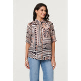 Izabel London Abstract 3/4 Sleeve High Neck Shirt in Brown