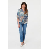 Izabel London Patchwork Sleeve Button Shirt In Blue Multi
