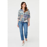 Izabel London Patchwork Sleeve Button Shirt In Blue Multi