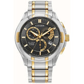 Citizen Mens Two Tone Eco Drive Classic Chronograph Stainless Steel Watch In Silver/Gold/Black Dial